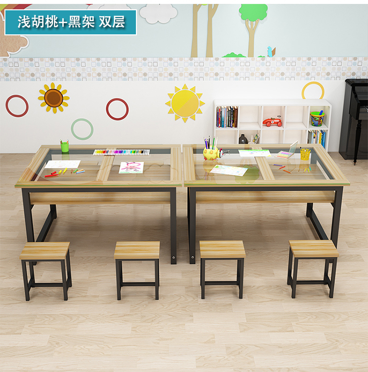 幼儿园托管班美术课桌椅绘画桌培训机构画室双层玻璃桌手工书法桌